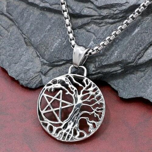 Fashion Hollow Out Pentagram Tree of Life Pendant Necklace Men Women Stainless Steel Necklace Nordic Totem Amulet Jewelry Gift