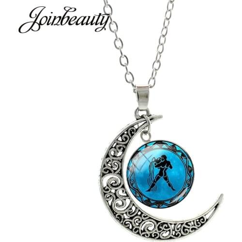 JOINBEAUTY Zodiac Signs Aquarius Gemini Moon Pendant Necklace Round Glass Dome Link Chain Birthday Astrology Jewelry Gift D1145