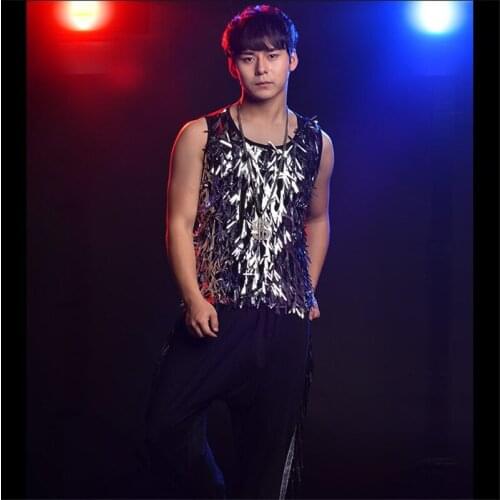 R15 Silver mirror vest male ballroom dance costumes rave rocker wears dress men outfit party performance clothe dj jacket disco