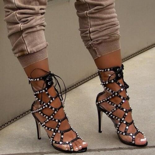 Sexy PVC Patchwork High Heel Sandals Woman Peep Toe Rivets Studded Lace-up Shoes Leather Gladiator Cutouts Party Heels