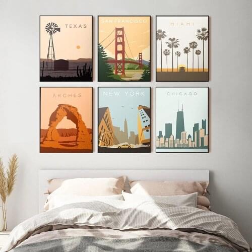 Nordic Vintage Travel Cities Poster New York San Francisco Chicago Miami Landscape Canvas Painting Wall Art Pictures Home Decor