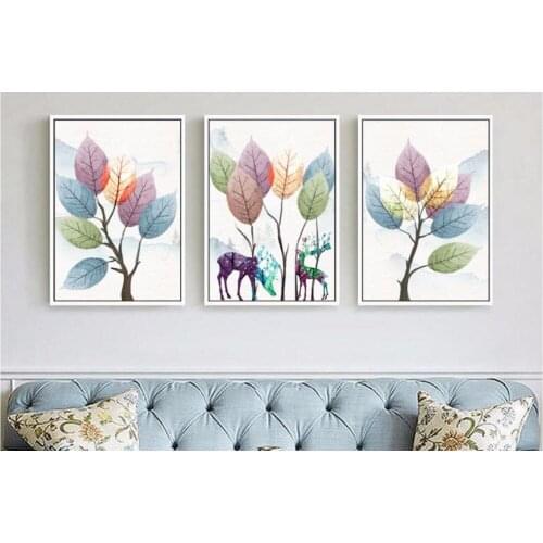 Modern minimalist tree leaves elk abstract Nordic decorative painting 3piece for living room