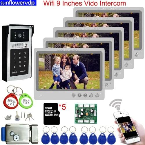 5 Monitors Video Door Phone Wifi 9" intercoms Video Intercom Rfid Code Unlock Intercom Home + 32GB SD Card door intercomr + Lock