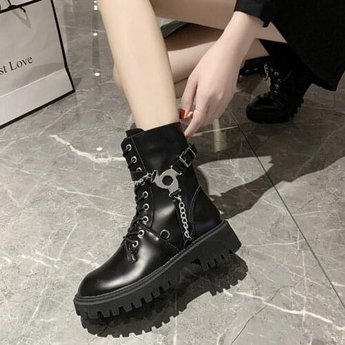 Metal Gothic Motorcycle Boots Women Martens Spring Lace-up Ankle Boots for Women Chunky Platform Thick Heel Martin Boots Biker
