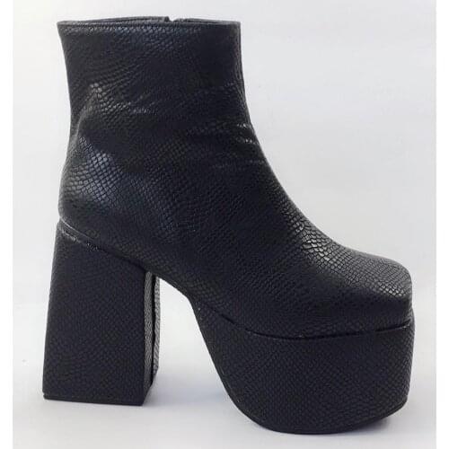 Moraima Snc Fashion Strange Heels Woman Boots Black Snakeskin Leather Thick Heels Riding Boots Punk Style Square Toe Ankle Boots