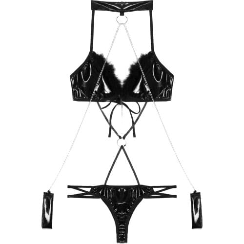 Patent Leather Lingerie Set Women Halter Lace-Up Strappy Feather Trimming Metal Chain Decor Leotard with Wristband Underwear Set