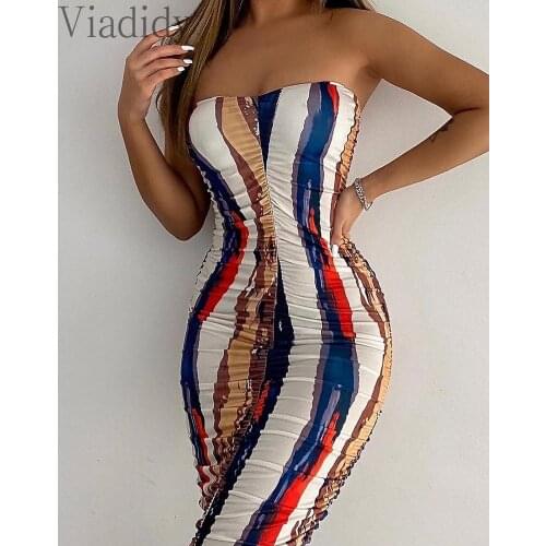 Women Strapless Stripes Print Bodycon Fold Pencil Dress