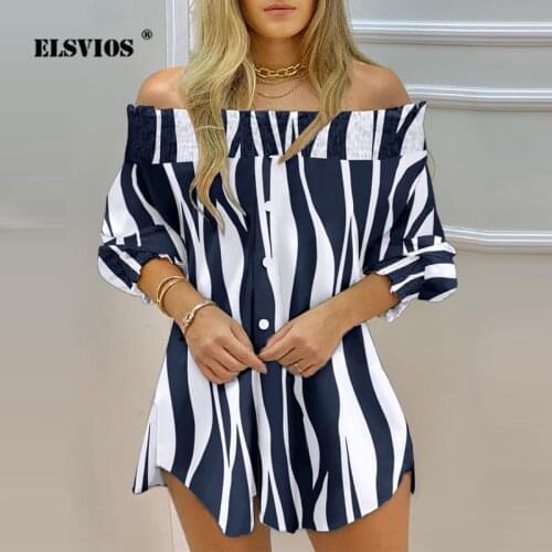 Summer Autumn Women Slim Printed Slash Neck Buttons Elegant Mini Dress Sexy Off-shoulder Long Sleeves Office Lady Shirts Dresses