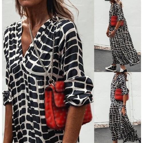 Womens Casual Dress Zebra Printed V-neck Swing Long Sleeve Maxi Dress Temperament Elegant High Level Clothing For Females Robe