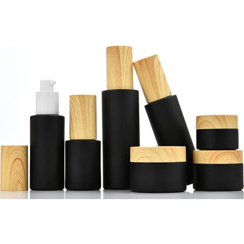 5G-50G Black Glass Frost Cream Jar Wood Grain Cover 30ml40ml50ml60ml80ml100ml Spray Lotion Pump Empty Cosmetic Refillable Bottle