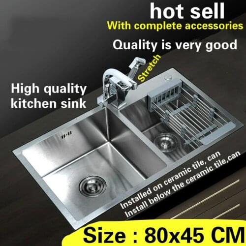 Free shipping hand made stainless steel household standard kitchen sink durable double groove hot sell 80x45 CM