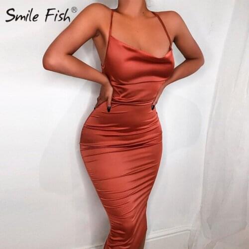 Glossy sexy Skinny Midi calf Dress Women Black Satin Night Club Party Dress Spaghetti Strap Backless Lace Up Bandage Dress GV308