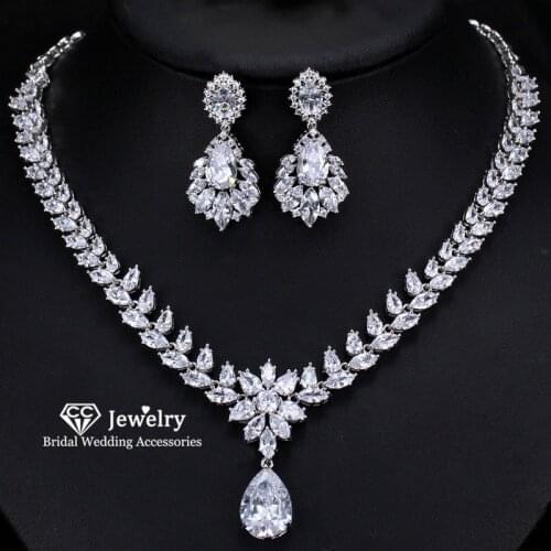 CC Necklace Drop Earrings Fine Jewelry Set 2pcs Engagement Wedding Accessory Water Drop Shapr Crystal Chocker Silver BijouxT0121