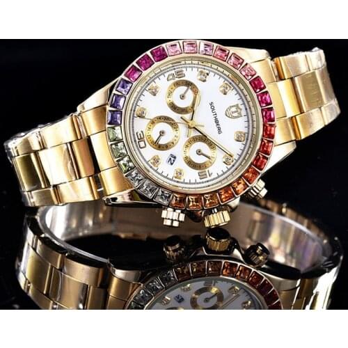 Luxury SOUTHBERG Watch Men GMT Glass Date Stainless Steel Women Mens Sport Quartz Color rhinestone Watches Reloj Hombre