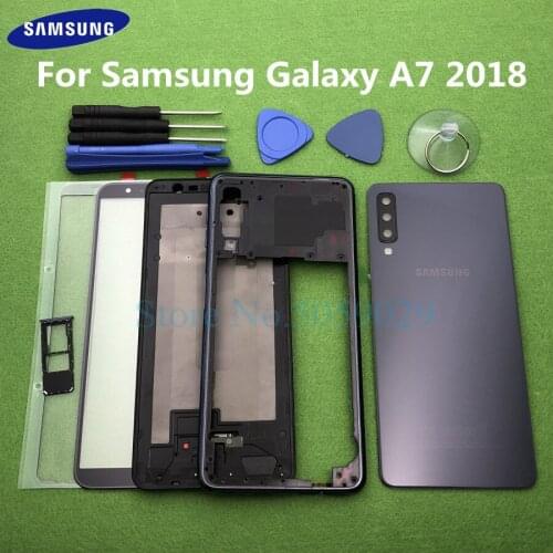 For Samsung Galaxy A7 2018 A750 SM-A750F Full Housing Case Bezel Middle Frame Back Cover + Front Glass Lens Tools Sticker