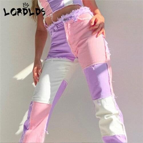 LORDLDS Pink patchwork Jeans women High waist Hip hop straight Jeans ladies trousers female denim for woman