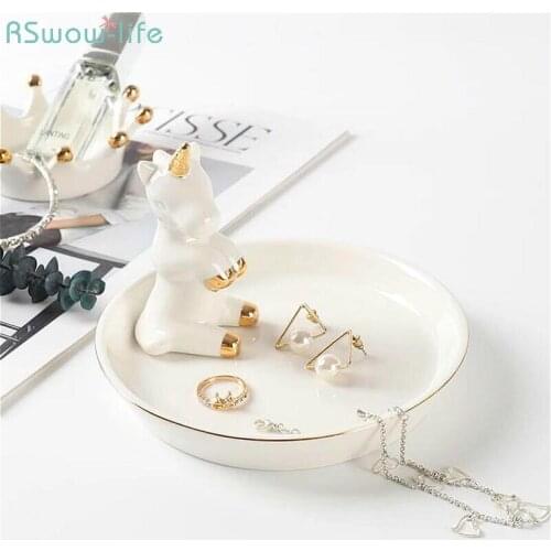 Unicorn European Jewelry Tray Small Ring Receiving Box Rack Simple Nordic Creative Ceramic Key Porch Decoration Platter DishCute