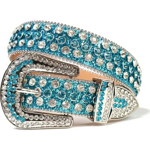 Hot Sell Blue Rhinestones Belt Western Cowboy Designer Diamond Belts For Women Man Crystal Studded Belt Strass Ceinture Femme