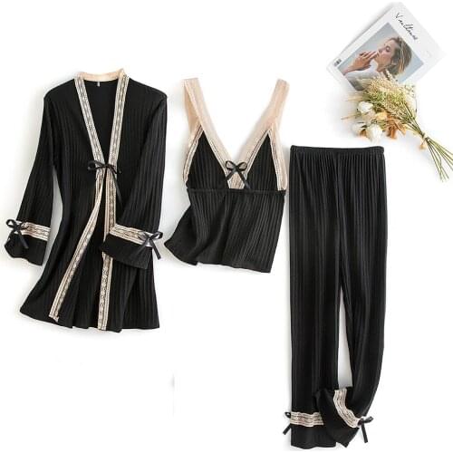 Women Black Lace Patchwork Cotton Robe Sets 3PCS Kimono Bathrobe Lingerie Sleepwear Nightwear Autumn Lounge Home Wear With Bow