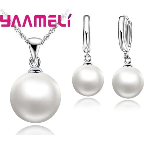 Smooth Women Wedding Jewelry Sets 925 Sterling Silver Pearl Necklace Hoop Earrings Fashion Jewellery Set Accessories