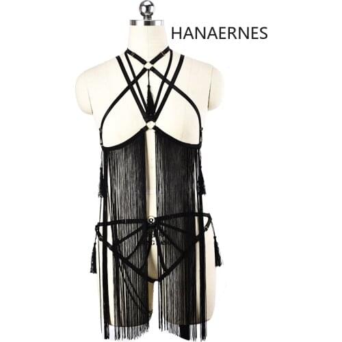HANAERNES Long tassel Black Gothic Elastic Elastic Bondage Special Strap Bra Bra Lace Underwear Body Strap Cosplay Carnival