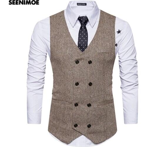 Seenimoe Mens Vest Formal Blazer Vests Double Breasted V-neck EU Size S-XXL Male Casual Waistcoat