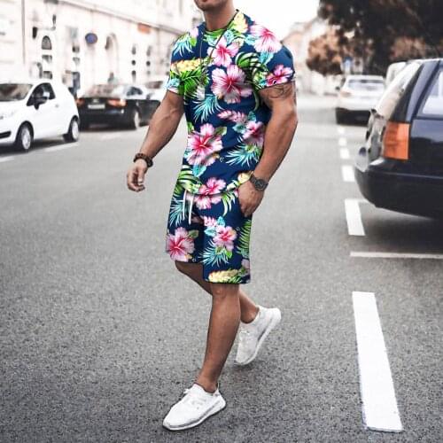 2021 Men’s Fashion Summer 2-piece Set Flower Printed Sportswear Short Sleeve T-shirt Shorts Sets Male Tees And Shorts Tracksuit