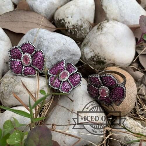 Micro pave cubic zirconia cz aaa ruby stones party flower earrings and ring set