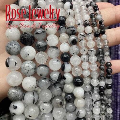 Natural Black Rutilated Quartz Beads Round Stone Beads For Jewelry Making DIY Bracelet Earrings Accessories 15'' 4 6 8 10 12 mm
