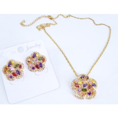 2020 new fashion colorful flower CZ zircon necklace earrings party jewelry wedding dressing banquet formal jewelry set