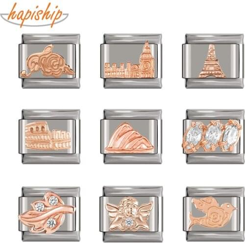 Hapiship 2021 Original Daisy Rose Leaves Angle Castle Dove Italian Charm Fit 9mm Bracelet Stainless Steel Jewelry Making DJTop51