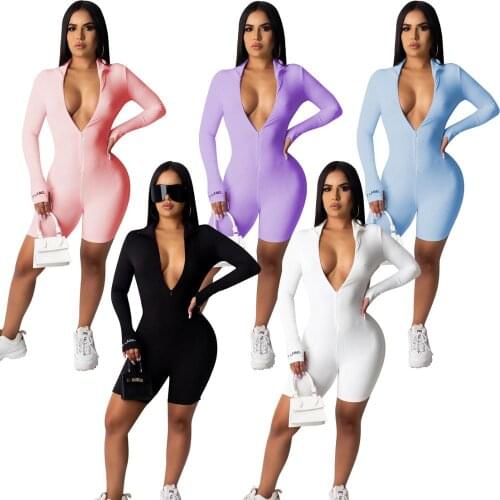 Solid Ribbed Bodycon Playsuit Sportswear Embroidery Lucky Label Print Long Sleeve Front Zipper Body Rompers Womens Jumpsuit
