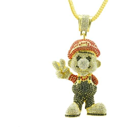 Game Cartoon Super Mario Hip Hop Iced Out Rhinestone Alloy Pendant Necklace 36'' Chain Fashion Charms Bling Jewelry