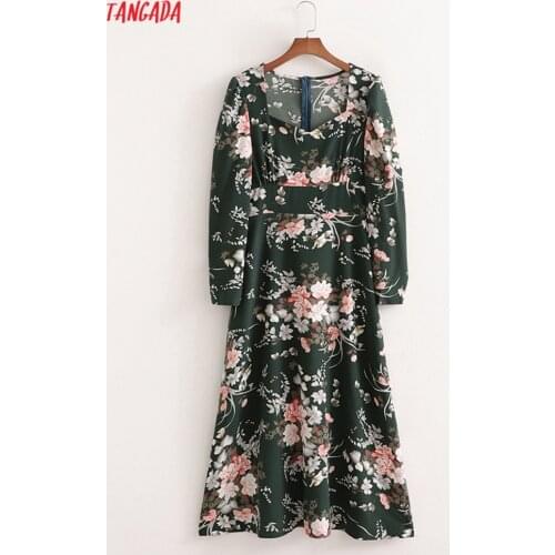 Tangada 2021 Fashion Women Green Flowers Print Boho Long Dress Puff Long Sleeve Square Collar Ladies Vintage Dress 1D378