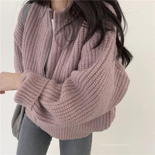 Casual Autumn Loose Zipper Stand Up Collar Sweater Knitted Coat Lazy Outwear Japan Lantern Long Sleeve Cardigan Top Sueters