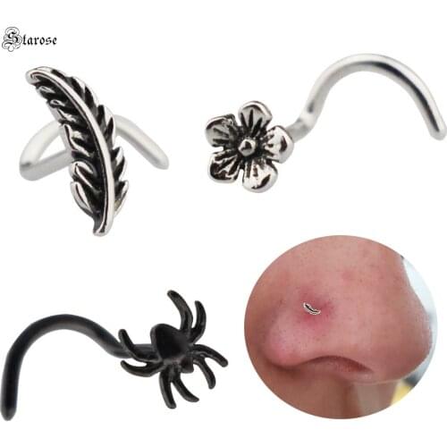 Starose 1pc Punk Black Spide Nostril Piercing Stud Flower Leaf Feather Tragus Helix Cartilage Earrings Nose Ring Ear Piercing