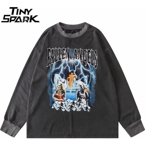 Hip Hop Retro Sweatshirt Pullover 2021 Men Streetwear Harajuku Skeleton Lightning Print Washed Sweatshirt Cotton Loose Pullover