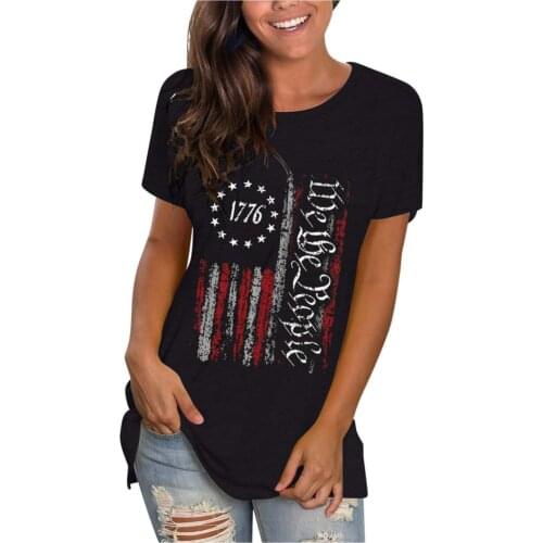 Womens Summer New Loose Tshirt Independence Day Flag Print Short Sleeve Top O-neck Casual Tshirt Camiseta Mujer Verano #P3