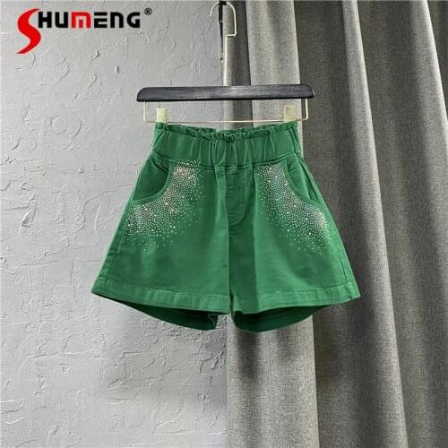 2021 Summer Ladies Fashion Simple Casual Solid Denim Shorts Women New Embroidery Hot Drilling Elastic Waist Jeans Short Pants