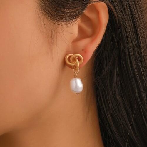 Twisted Knot Twining Hollow Matte Golden White Simulated Pearl Waterdrop Alloy Dangle Earrings & Drop Earrings for Women