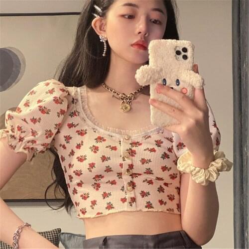 Elegant Women Summer Ribbed Single-Breasted Cardigan T-Shirts Floral Short Puff Sleeves Button-Open Crop Tops With Lace Trim