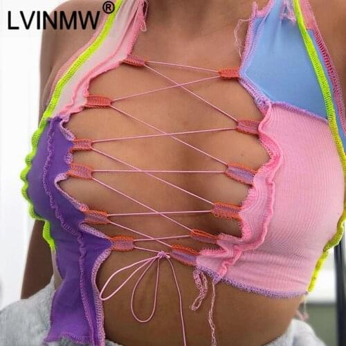 LVINMW Sexy Colorful Patchwork Hollow Out Party Club Crop Top 2020 Autumn Winter Women Fashion Sleeveless Skinny Tank Tops