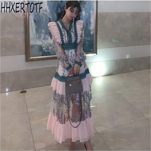High Quality 2021 Spring fashion Elegant women long sleeve V neck Mesh stitching ruffled lace embroidered dress