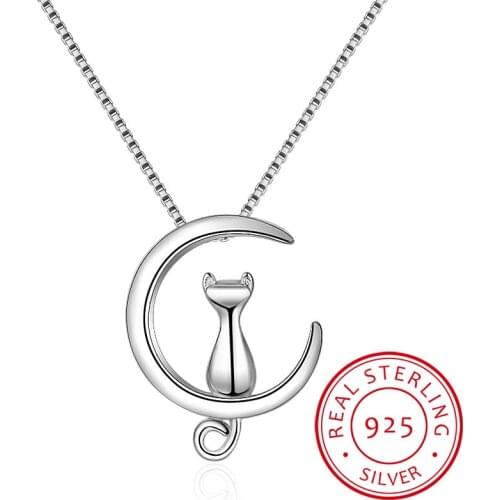 Cat Moon Silver Pendant Necklace 925 Sterling Silver Choker Statement Necklace Women Silver 925 Jewelry With 40cm Chain