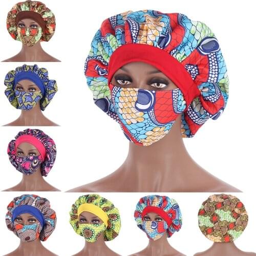 African Satin Elastic Bonnet Hat for Women Floral Printing Night Sleep Cap With Mask Hair Loss Hat Shower Caps Islamic Nightcap