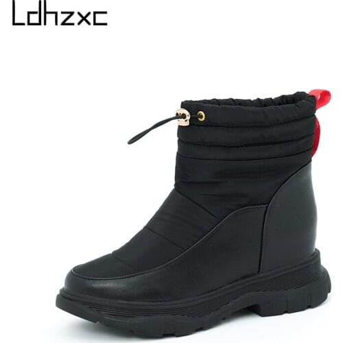 LDHZXC Ankle Boots Cotton Fabric Leather Boots Natural-fur Warm Winter Boots Slip-on Snow Boots for Women