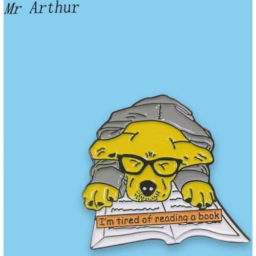 Reading Book Dog Enamel Pin Wearing Glass Scholar Brooch Denim clothes bags Animal Jewelry Gift For Friends