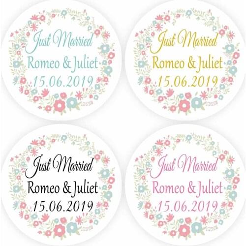 DouxArt 100 Pieces Personalized Just Married Wedding Stickers Seals, 40mm Garland Marriage Wedding Party Decorations Gift Labels