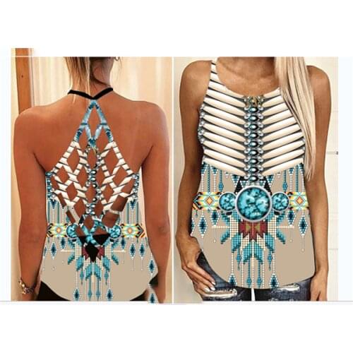 Indian WomenS Summer Dress 2021 Sleeveless Vest Personality 3d Printing Sexy Cross Strap Vest Shirt Shirt Women