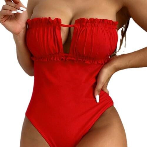 Red One Piece 2021 Hot Sale Padded Bra Ruffles Hollow Out Sexy Swimsuit Bandage Swimwear Women Bathing Suit Monokini